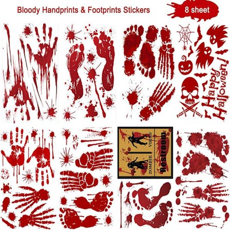 Blodige Halloween-klistermærker, 8 ark med blodige fodaftryk, der klæber til