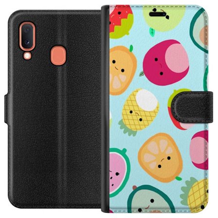Kompatibel Tegnebogsetui til Samsung Galaxy A20e Mønster af kawaii frugter som jordbær citron ananas og avocado på lyseblå baggrund