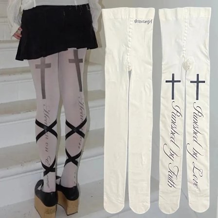 Vintage punk gotiske kryssmønstrede strømpebukser Brevstrømpebukser Subkulturstrømper Hvite strømper Spicy Girls Party Cosplay-tilbehør