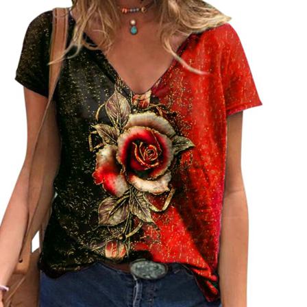 Summer Rose Print Kortärmad Lös T-shirt Dam Casual V-nec