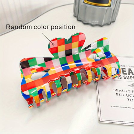 Vintage Färgglad Rutig Stor Hårklämma för Kvinnor, Stilren och Unik, Perfekt för att Fästa Hårfrisyrer Baktill i Huvudet.