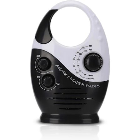 Vanntett dusjradio, bærbar dobbeltbånds AM FM-radio med krok, innebygd høyttaler, batteridrevet radio for bad, kjøkken, utendørsbruk