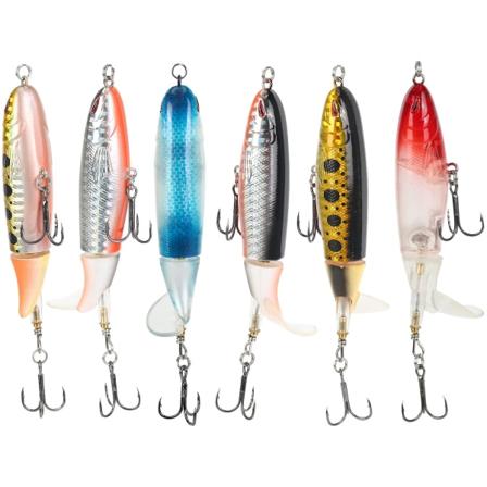 6 stk med eske 100mm 13g flytende popper fiske lokke kunstig hard agn wobbler roterende hale fisk
