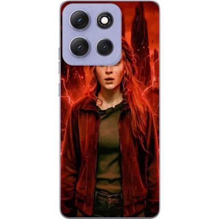 Kompatibelt Mobilskal till Motorola Moto G86 Power Porträtt av en ung kvinna med rött hår i en apokalyptisk landskap, röda blixtar och mörka klip