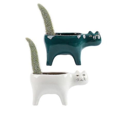 2 st blomkrukor söta katt suckulent planter växtbehållare vit + grön