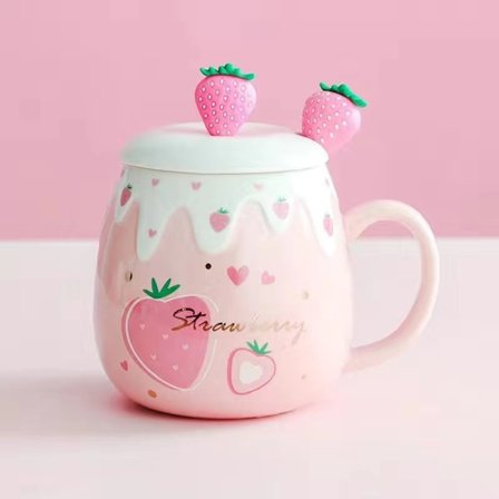 Vaaleanpunainen Muki, Söötti Mansikka Kuppi Kansi, Lusikka, Keramiikka Kahvimuki, Kawaii Kuppi Teelle Maidolle, Naiset Tytöt Opiskelija Korean Tyyli 