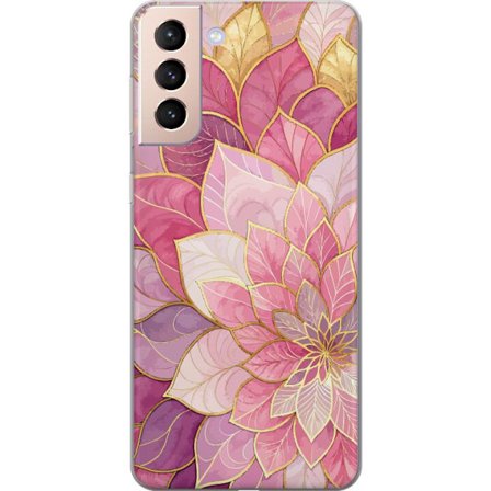 Kompatibelt Mobildeksel til Samsung Galaxy S21 Rosa og lilla blomstermønster med gyldne detaljer - Elegante mandala-inspirerte motiv