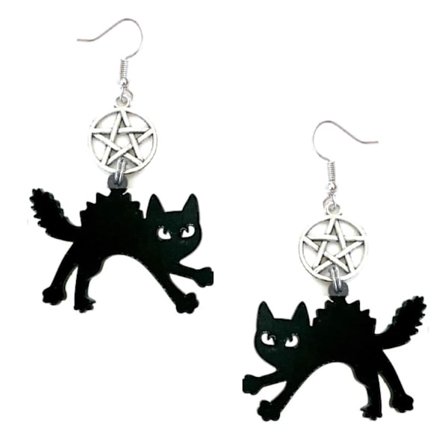 Earrings - Cat - Black - Angry - Pentagram - Acrylic