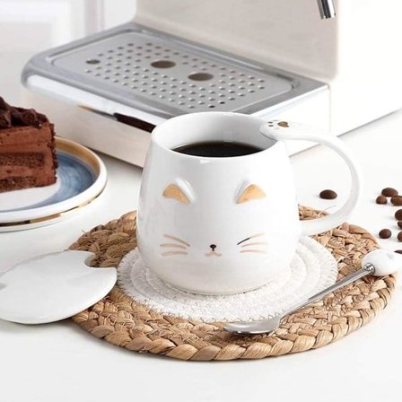 Keramiska kattmuggar, kattmugg, kattmönster, söt keramisk kaffemugg med sött kattunge-lock, rostfri sked (Vit)