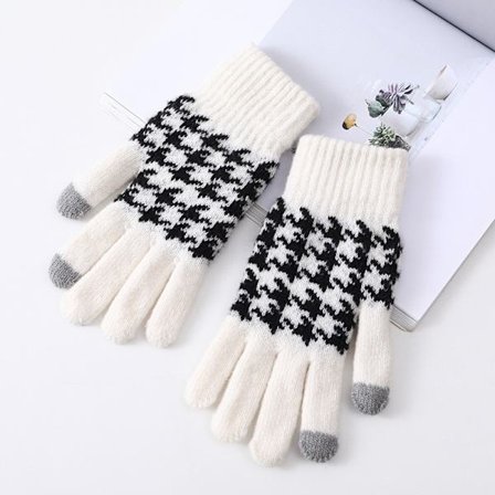 Hundtannstrikkede hansker, varme berøringsskjermhansker, hvit