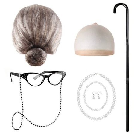 Parykksett for bestefar og bestemor, middelaldrende og eldre, skisse gammel dame kostyme parykksett