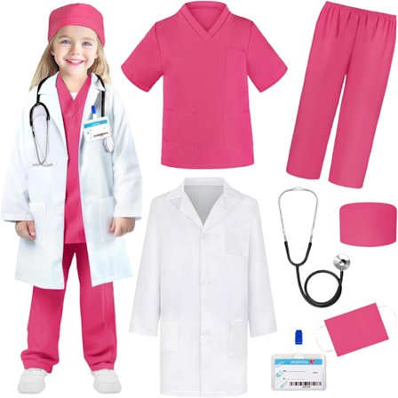 Lääkäri Asu Lapsille - Haalari, Stetoskooppi, Laboratoriotakki - Halloween-asu, Ammattipäivän Asu Tytöille 3-12 vuotta 3-4 T 3-4 T Ruusu