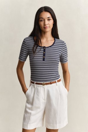 GANT Damen Geripptes Henley Shirt (XS) Marineblau