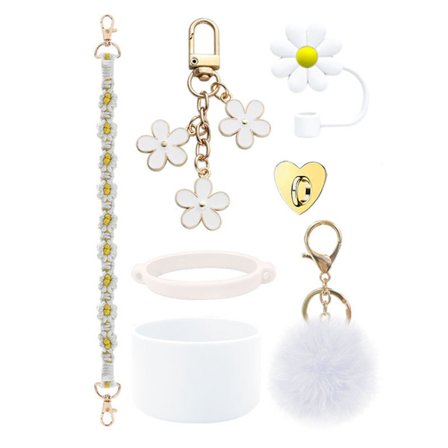 Stanley Cup Tilbehørssett - 7-delt termoskoppbeskyttelse og dekorasjon, bærestropp, sugerørslokk, hvit