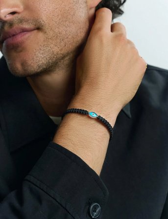 Nialaya Men's Black String Bracelet With Silver Evil Eye - Black - M