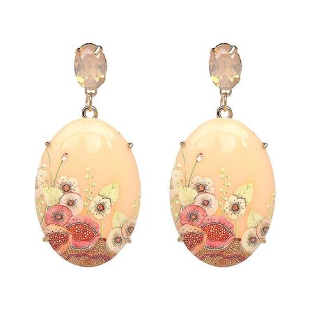 Elegante kvinners ovale blomster-dangle øredobber i harpiks med strasssett, beige, ett par (h-3)
