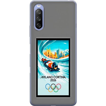 Yhteensopiva Puhelinkuori Sony Xperia 10 III Dynaaminen kelkkailija tai skeleton-ajaja jääkanavalla Milanon Cortina 2026 kanssa, kaupunkinäkymä ja oly
