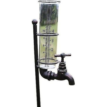 Regnmätare med dekorativ "kran"-hållare och glasbehållare för regn.