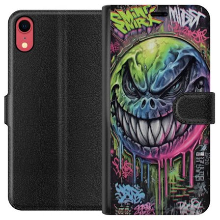 Kompatibelt Lommeboketui til Apple iPhone XR Fargerik graffitiillustrasjon av et ondskapsfullt smilende monsteransikt med dryppende neonfarge