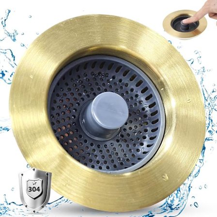 3 i 1 diskbänkstopp sil, 304 rostfritt stål pop up diskbänk sil med handtag stång för US standard 3-1/2 tum avloppssil guld