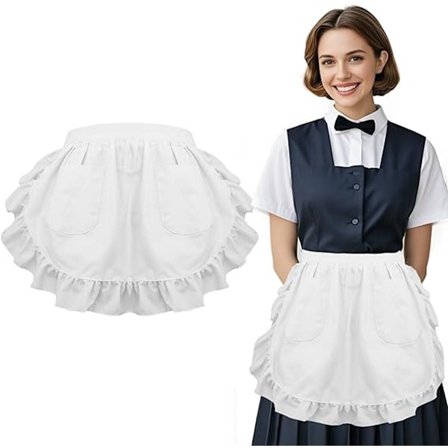 Forklæde Kort Forklæde Blonde Halvlængde Forklæde Dobbelte Lommer Kort Halvlængde Forklæde Med Flæser Justerbart Kokkeforklæde Tjenerforklæde s 66*