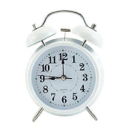 Retro vækkeur, gammeldags sengebordsur med ikke-tikkende dobbeltklokke HVID