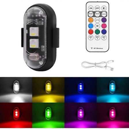 Trådløse LED Strobelys med Fjernkontroll, Vanntette LED Varsellys, 8 Farger USB-Lading for Bil Motorsykkel 1 stk.