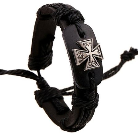 Armband med antikt romerskt kors i legering, handflätat, läder och ko-hud