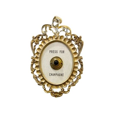 Dekorativ dörrklocka med champagnefärgad dekorativ ring, 23 cm hög x 14 cm bred, guld- och vitlackerad harts.