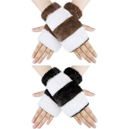 2 par dame vinter fingerløse hansker varme lodne tommelhull håndleddsvarmere unisex hansker myke svart hvite brune striper herregave