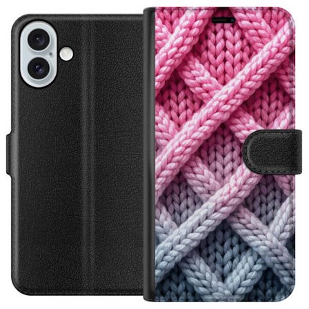 Kompatibel Tegnebogsetui til Apple iPhone 16 Plus Nærbillede af vævet tekstilmønster i nuancer af lyserød, grå og hvid med taktil struktur