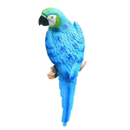 Papukaija-patsas seinälle, eloisa monivärinen realistinen papukaija-koriste terassille