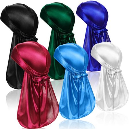 6 stk Silky Men Durag, Pakke Durags Do Rags med Lang Hale og Brede Stropper for Menn Kvinner, 6 Farger