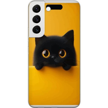 Kompatibelt Mobilskal till Samsung Samsung Galaxy S22 5G Svart katt sticker upp över gul kant - ren och modern illustration med stora ögon, lekfullt