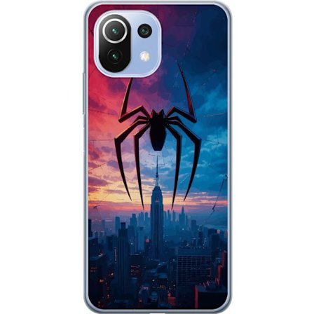 Kompatibelt Mobildeksel til Xiaomi Xiaomi Mi 11 Lite Stilisert edderkopp over bysilhuett i dramatisk solnedgang, grafisk fantasyillustrasjon med sterk