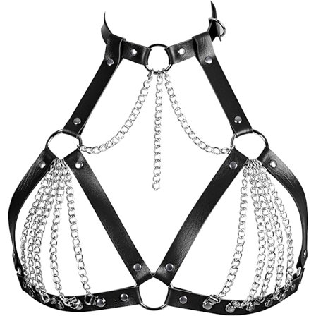 Läder BH CageStyle Axelrem, Punk Lager På Lager Bröstkedja, Punk Svart Läder Bröstsele Kropps Midjekedja Bälte Rave Nattklubb Mage BH Smycken