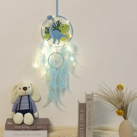 Dinosaur Dream Catcher til drenge og piger, Dream Catcher lys vægdekoration fjer vægdekoration Dino Dream Catcher Børnegave-Perfet blå