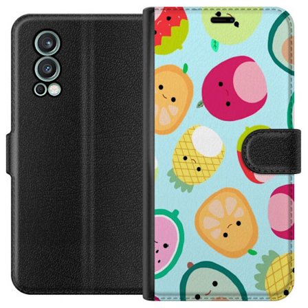 Kompatibel Tegnebogsetui til OnePlus Nord 2 5G Mønster af kawaii frugter som jordbær citron ananas og avocado på lyseblå baggrund