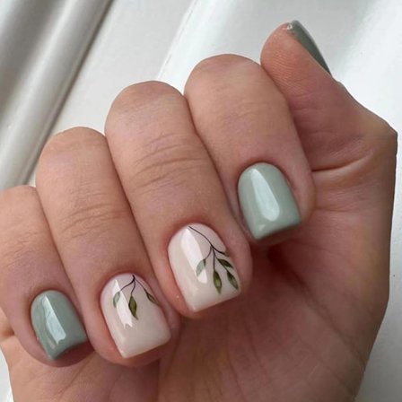 Press-on naglar, korta, fyrkantiga, med design, gröna blad, lim-på naglar, sjögrön akryl