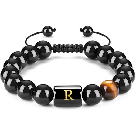 Armbånd med initialer for menn Bokstavlenke Håndlagde naturlige svarte onyx tigerøye steinperler Flettet tau Meningsfullt armbånd