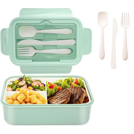 ING-eväsrasia 1400 ml, 3 lokeroa veitsellä ja haarukalla, BPA-vapaa Bento-rasia aikuisille ja lapsille, tiivis mikroaaltouuniin ja astianpesukoneeseen