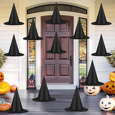 12 kpl Halloween-noittien hattuja, mustat riippuva noittien hatut, noitapuvun tarvikkeet noittien hatut 100 metri narua