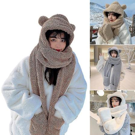 3-i-1 Mössa, Halsduk och Vantar Set Vinter Varm Söta Björnöron Plysch Hatt Casual Solid Tjock Bomull[HK]