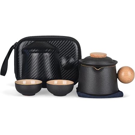 Rejsesæt til Te, Sort Keramisk Campingsæt med Si - Bærbart Nestingsæt Inkluderer 2 Kopper & Krus, Perfekt til Udendørs Brug, Picnic, Bu