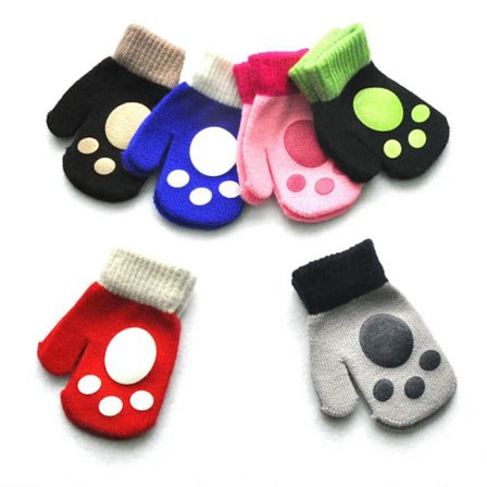 Children Short Gloves Winter Baby Footprint Knitted Plush Furry Full Finger Mittens Autumn Knitting Hand Warmer 1-4 Years Old