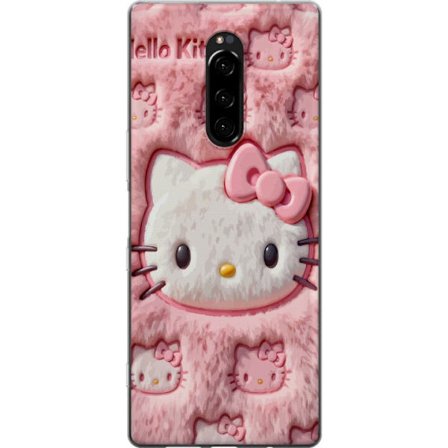 Kompatibel Mobilcover til Sony Xperia 1 Hello Kitty lyserød fluffy baggrund med ikonisk ansigt og kawaii-æstetik
