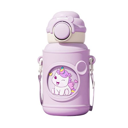Drikkeflaske til børn, 500 ml, isolerende flaske med skulderrem, vandflaske i rustfrit stål, temperaturindikator, lækagesikker