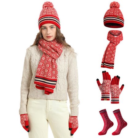 Nytt strikket vinterskjerf, varm julelue i ull, skjerf, hansker og sokkesett