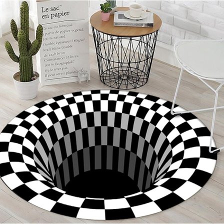 Sort Hvid Gitter Rundt Tæppe, 3D Vortex Illusion Tæppe, 3D Vortex Tæppe Soveværelse Stue, 80cm