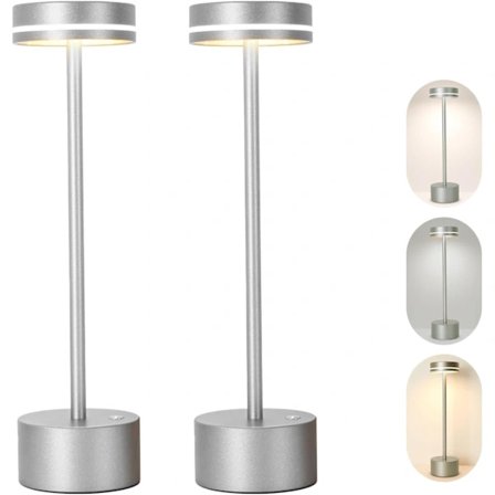 2-pack Uppladdningsbar Sladdlös Bordslampa: 3-vägs Dimbar Touch-lampa, 5000mAh Batteri, Portabel Metallampa för Läsning/Kontor/Sovrum Silver